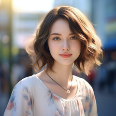  [salon kei],a girl with soft light brown hair is photograph, in the style of realistic hyper-detailed photograph [background city weather fine ],natural makeup,[hyper-realistic skin texture]