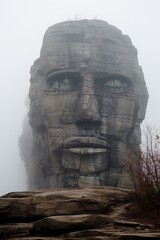 Carved Stone Head Sculpture in the Mountains