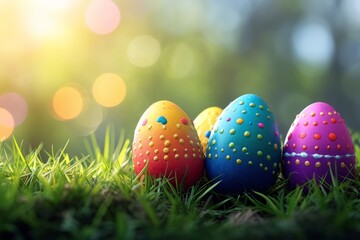 Colorful Easter Eggs with Polka Dots on Grass