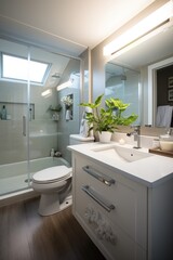 Fototapeta na wymiar Small bathroom with white vanity and large shower