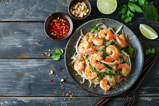 Pad Thai On Wooden Table