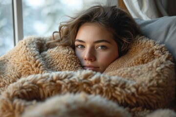 Woman who is sick at home is wearing a blanket and lying on the couch