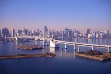 お台場から見たレインボーブリッジと街並み