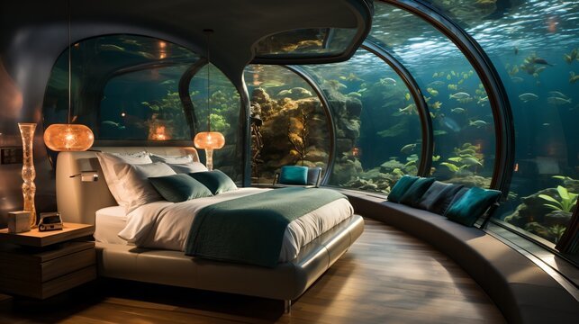 Underwater hotel room with large curved glass windows looking into the ocean