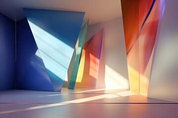 Sunlight shining through colorful glass panels in an empty room