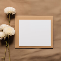 Blank card or Invitation card mockup with natural and white twigs. Blank card mockup on beige background. with nature light.