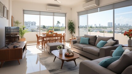 Modern apartment living room with city view - obrazy, fototapety, plakaty