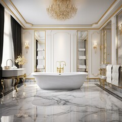 Luxurious bathroom with marble tiles and golden fixtures