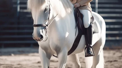 Foto auf Alu-Dibond A rider in leather boots sits on a white horse in the saddle. © caucul