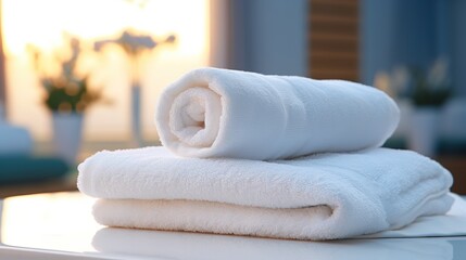 Elegant Spa Essentials: Plush Towels in Serene Setting