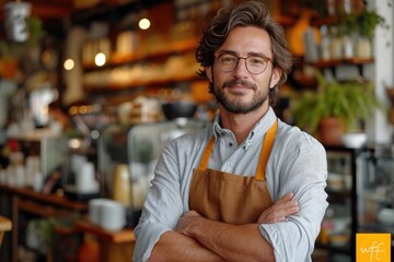 Man with his arms crossed in his apron in a coffee shop - Powered by Adobe