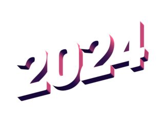 2024 Year, Bold 3D Lettering Banner Design, Vibrant and Neon Colors, Typography, Magenta Purple Light Blue Color Transparent