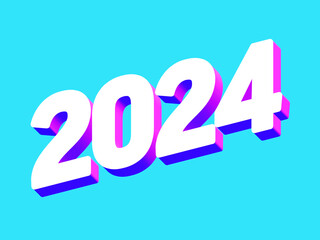 2024 Year, Bold 3D Lettering Banner Design, Vibrant and Neon Colors, Typography, Retro Neon 80s Cool Blue Vibe Color 
