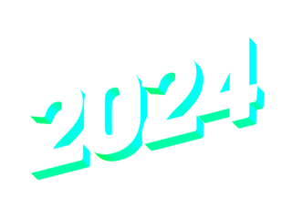2024 Year, Bold 3D Lettering Banner Design, Vibrant and Neon Colors, Typography, Retro Neon 80s Cool Blue Vibe Color Transparent