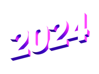 2024 Year, Bold 3D Lettering Banner Design, Vibrant and Neon Colors, Typography, Retro Neon 80s Vibe Color Transparent