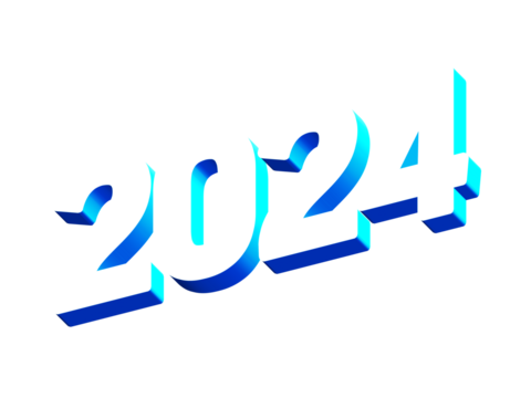 2024 Year, Bold 3D Lettering Banner Design, Vibrant and Neon Colors, Typography, Sky Deep Blue Ocean Cool Color Transparent