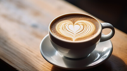 Heart-Shaped Latte Art on Fresh Coffee in a Ceramic Cup