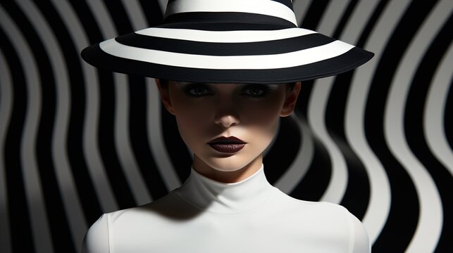 A striking image of a woman wearing a black and white striped hat,