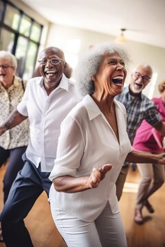 Diverse seniors dancing in a circle