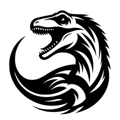 Vector logo of velociraptor head. Professional black and white logo of tyrannosaurus rex. Icon of Jurassic era.