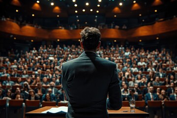 Man on stage giving a speech,