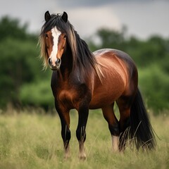 A beautiful brown horse with long flowing mane and tail