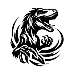Vector logo of velociraptor head. Professional black and white logo of tyrannosaurus rex. Icon of Jurassic era.