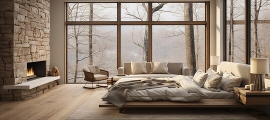 Modern bedroom interior with fireplace and large windows