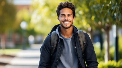 Happy young man with a backpack smiling - obrazy, fototapety, plakaty