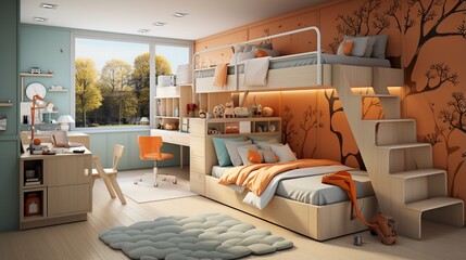Modern and colorful bedroom with bunk beds and a desk