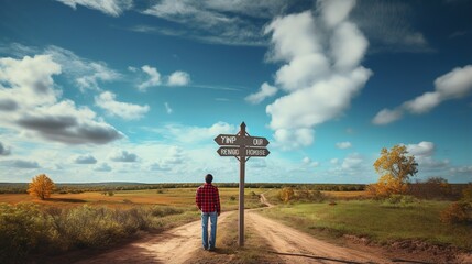 Man standing in front of a signpost in a field - obrazy, fototapety, plakaty