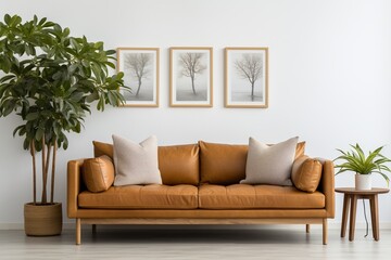 A mid-century modern living room with a brown leather couch and tree art