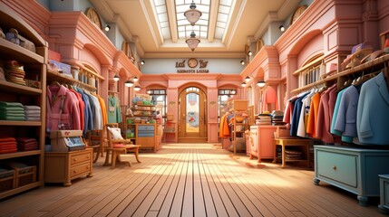 A 3D rendering of a boutique clothing store