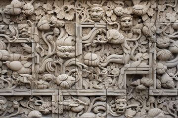 Wall texture material of detailed sculpted stone, floral patterns with animal faces carve from worked stone surface