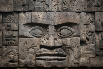 Wall texture material of sculpted stone, worked surface depicting a base relief of a tribal mask