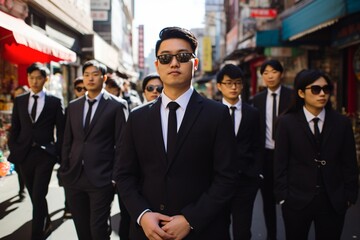 A group of young men and women in black suits and sunglasses - obrazy, fototapety, plakaty