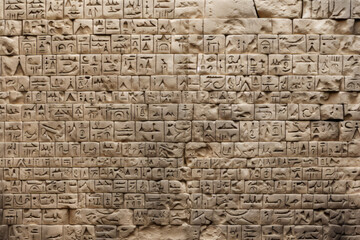 Wall texture material of stone with cuneiform like carvings, worked surface - obrazy, fototapety, plakaty