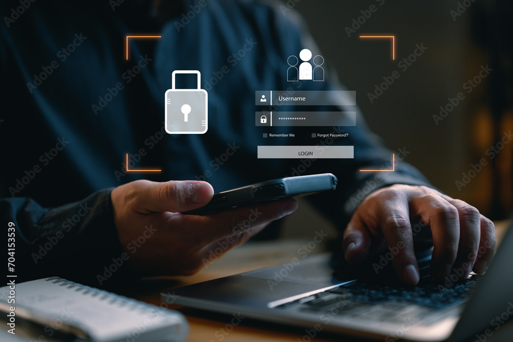 Leinwandbilder Cybersecurity and privacy concepts to protect data. Lock icon and internet network security technology. Businessman protecting personal information data on laptops, secure, password, privacy, access.
