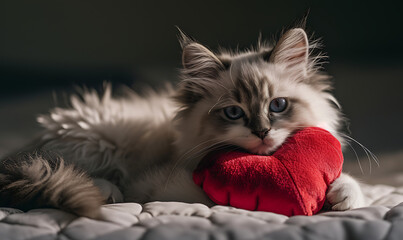 A cute grey kitten laid among red love heart plushies. 