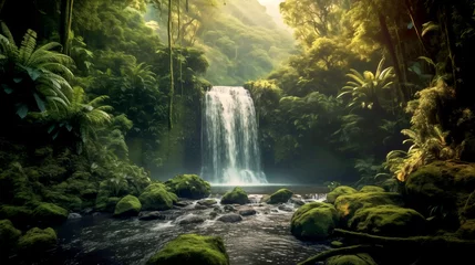 Gordijnen waterfall in the forest © Solomon
