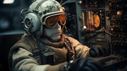 A pilot wearing a helmet and goggles sits in a cockpit.