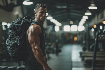 A muscular man in a gym, sports bag slung over his shoulder, passing by rows of workout equipment. - obrazy, fototapety, plakaty
