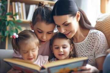Mother reading a book with her baby girls at home, mom and child spending time together