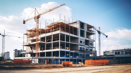 Construction site with tower cranes and workers