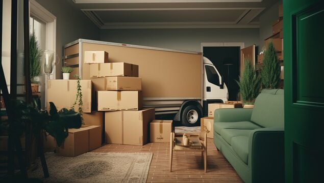 A moving truck is parked in a living room with boxes and furniture