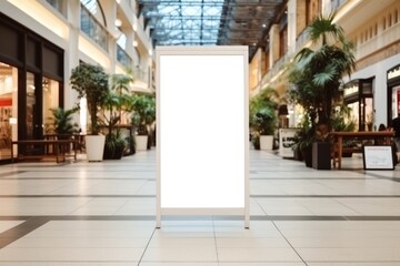 Blank advertising billboard in busy shopping mall passage