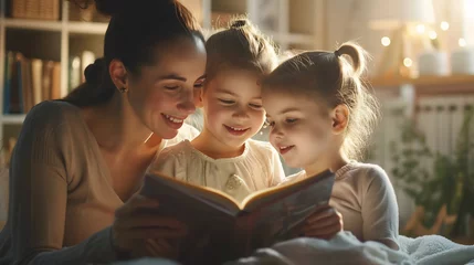Foto op Plexiglas Mother reading a book with her baby girls at home, mom and child spending time together © AspctStyle