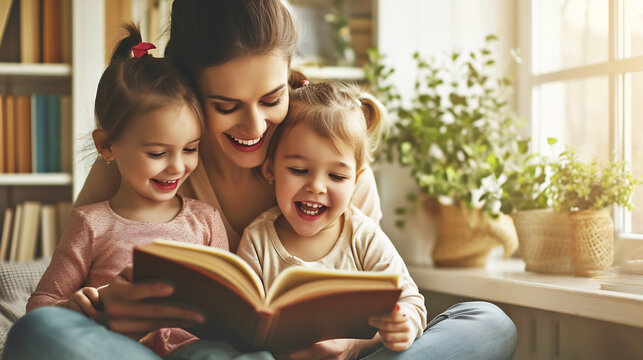 Mother reading a book with her baby girls at home, mom and child spending time together