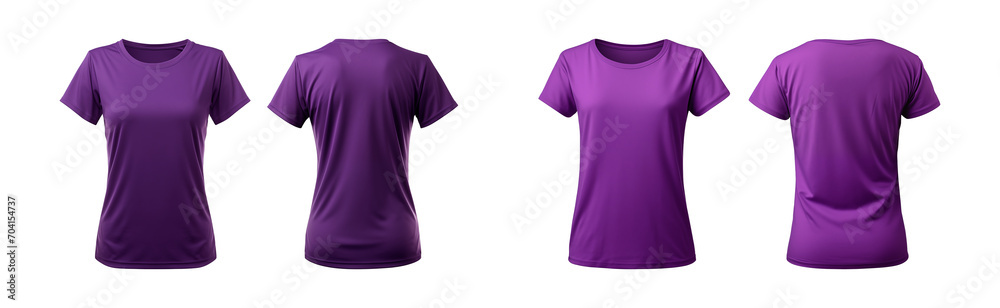 Wall mural realistic set of female purple t-shirts mockup front and back view isolated on a transparent backgro - Wall murals