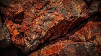 Dark red orange brown rock texture with cracks. Close-up. Rough mountain surface. Stone granite background for design. Nature. Wide banner. Design concept. Banner concept. Art concept. Rock concept.